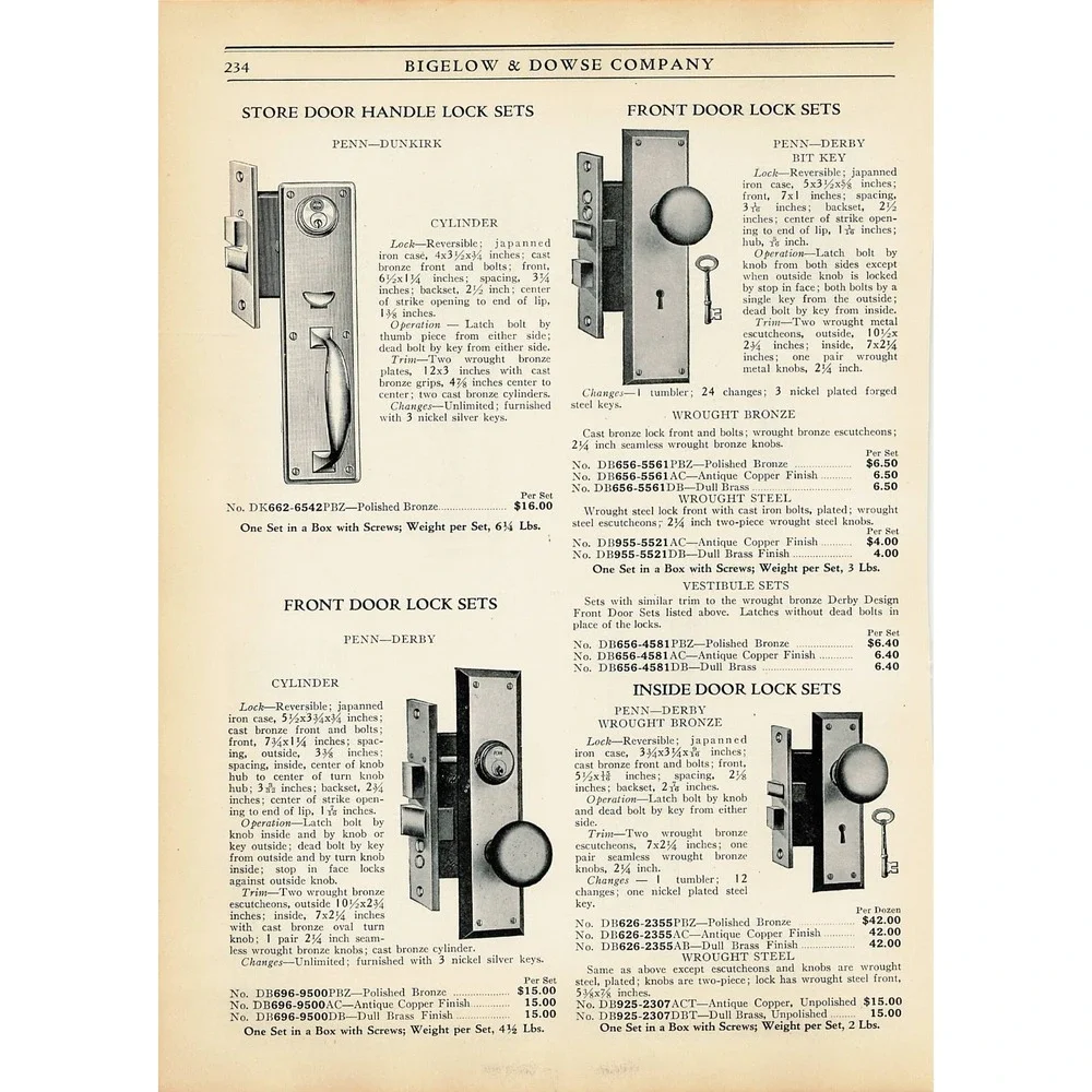 VTG Print Ad Penn Door Handle Key Lock Derby Dunkirk Deadbolt Wrought Iron Bit